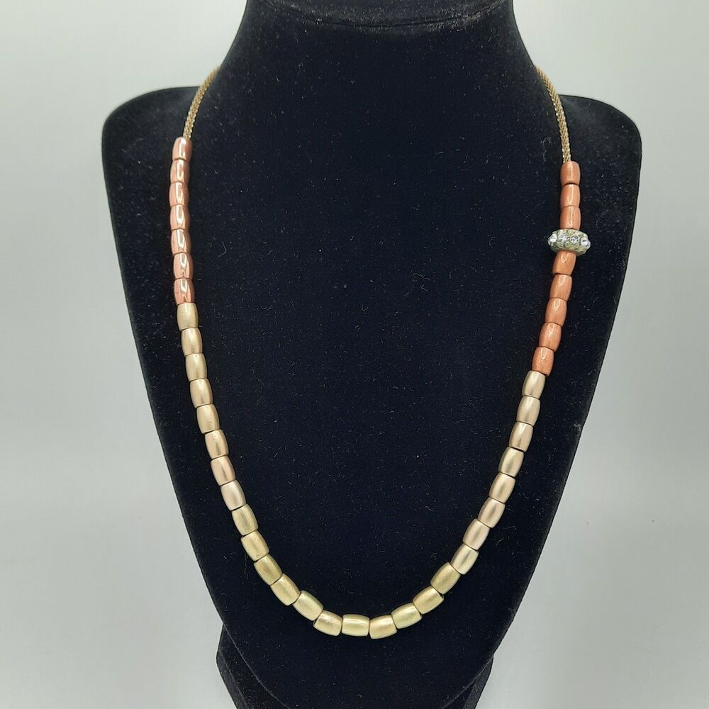 LOFT Tri Color Rose Gold Copper Bronze Barrel Beaded Necklace Rhinestone Accent